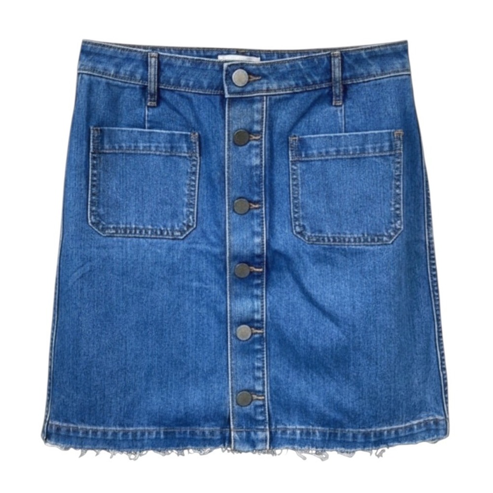 LOFT OUTLET Super Cute DENIM PENCIL SKIRT Button-Up Pockets FRAYED CUT HEM sz 6